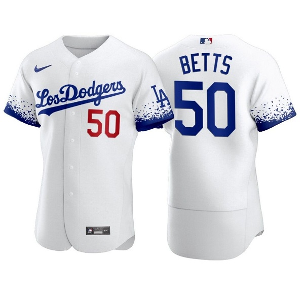 Men's Los Angeles Dodgers #50 Mookie Betts 2021 White City Connect Flex Base Stitched Baseball Jersey Men's Los Angeles Dodgers #50 Mookie Betts 2021 White City Connect Flex Base Stitched Baseball Jersey